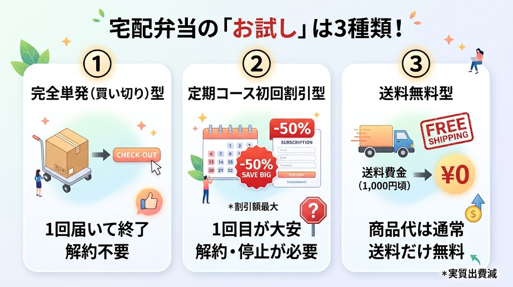 宅配弁当の「お試し」は3種類ある