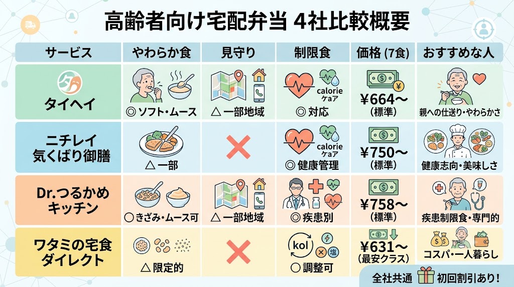高齢者向け宅配弁当4社比較図