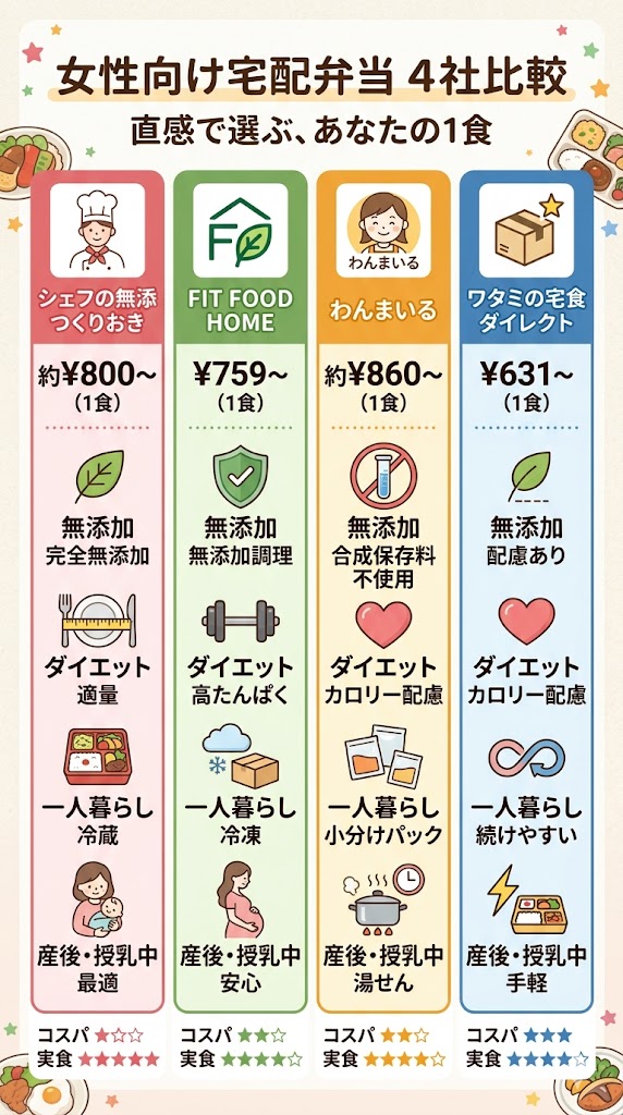 女性向け宅配弁当4社比較表