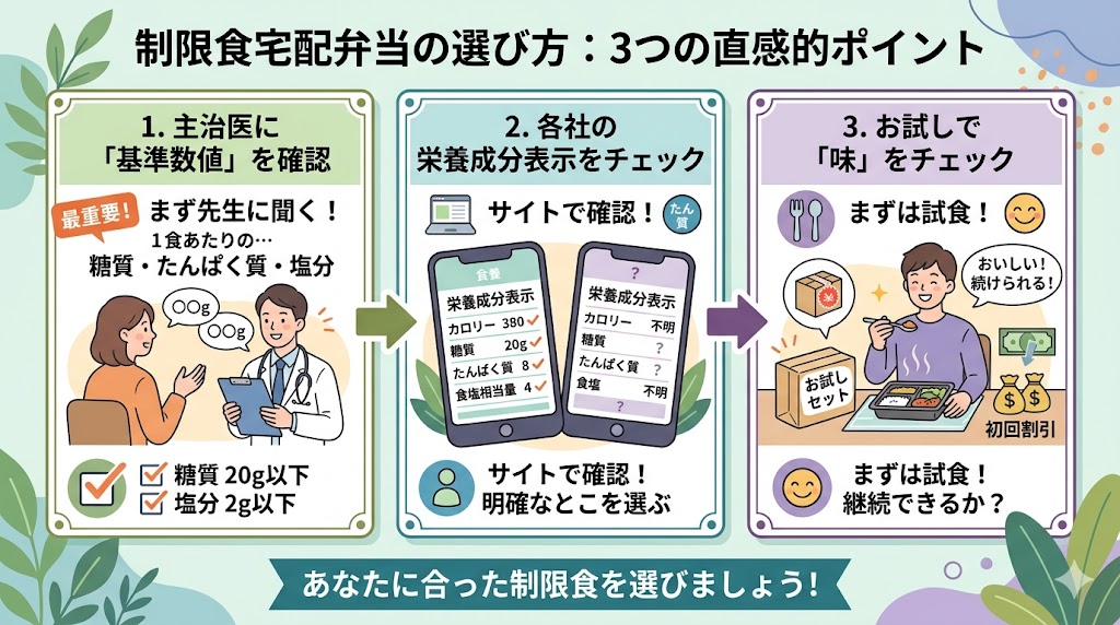 制限食宅配弁当の選び方3つのポイント